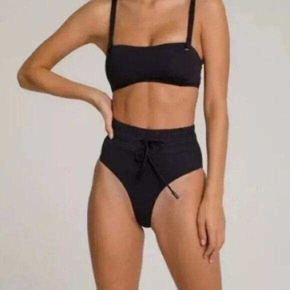 NWT GOOD AMERICAN Waist Framer Drawstring Bikini Briefs Swim Bottoms Black L - Picture 3 of 10